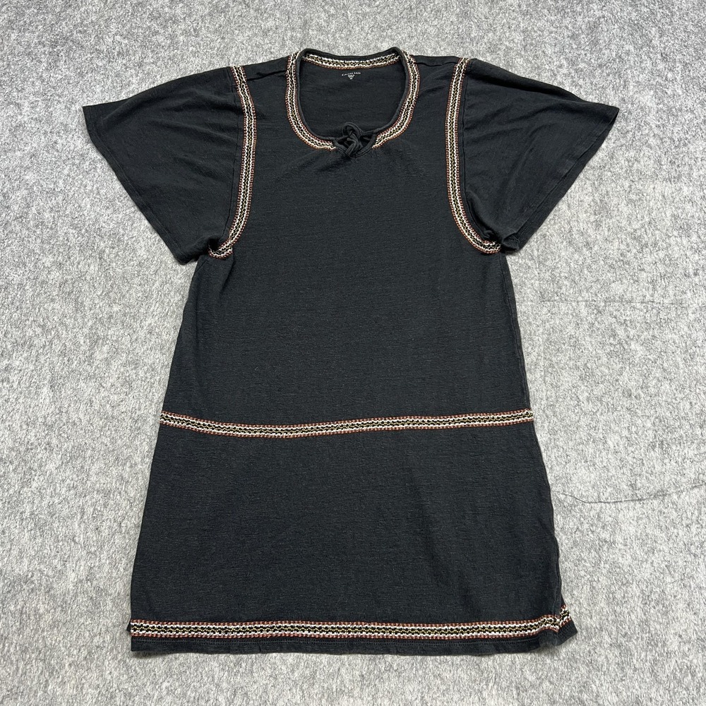 Garnet Hill Shirt Womens XS Black Organic Linen Tunic Top Embroidered Trim Boho